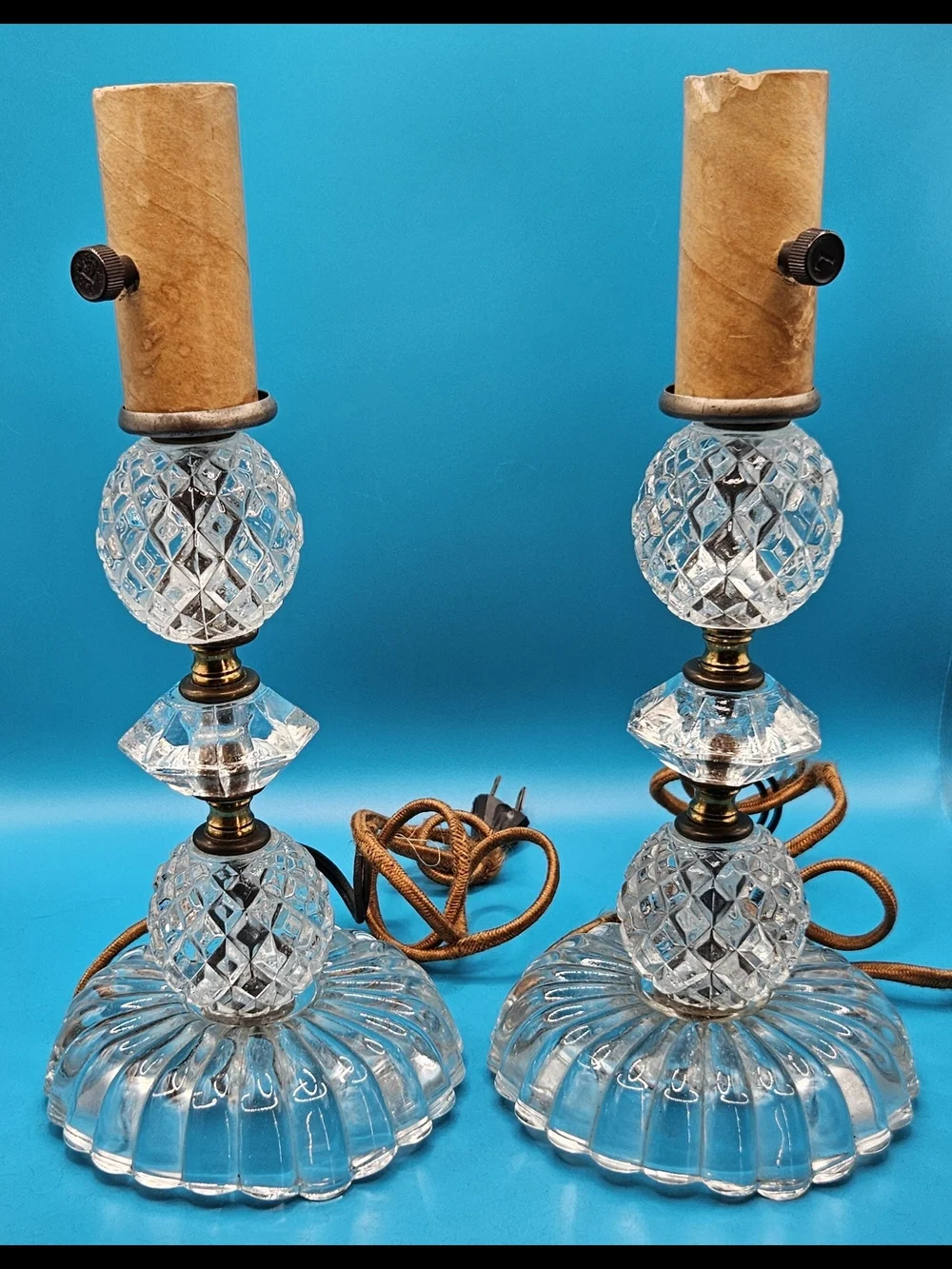 Vintage MCM Cut Glass Boudoir Lamps - Pair
